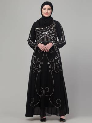 Black sequins hand embroidered abaya with embroidered hijab 3