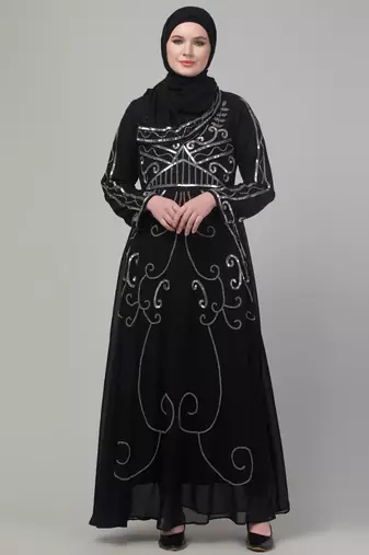 Black sequins hand embroidered abaya with embroidered hijab
