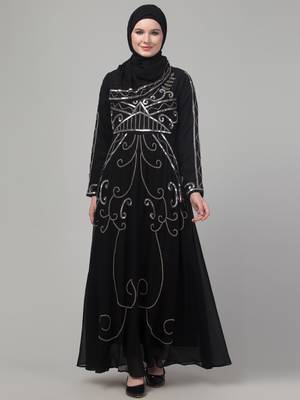 Black sequins hand embroidered abaya with embroidered hijab 1