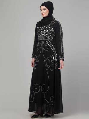 Black sequins hand embroidered abaya with embroidered hijab 4