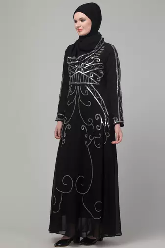 Black sequins hand embroidered abaya with embroidered hijab