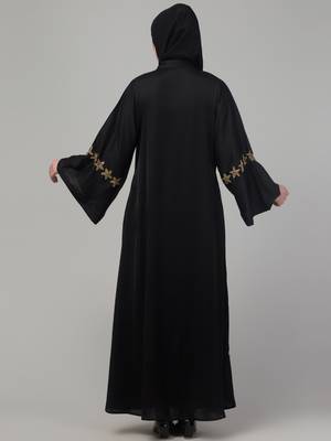 Black hand embroidered bell sleeves abaya with embroidered hijab 2