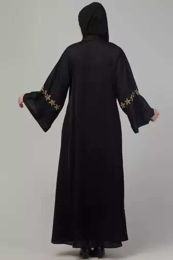 Black hand embroidered bell sleeves abaya with embroidered hijab