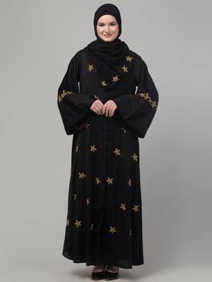 Black hand embroidered bell sleeves abaya with embroidered hijab 1