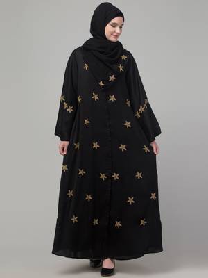 Black hand embroidered bell sleeves abaya with embroidered hijab 3