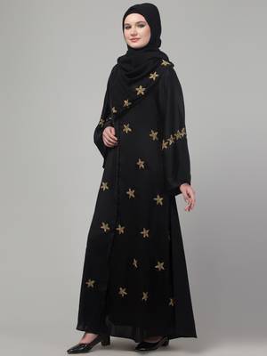 Black hand embroidered bell sleeves abaya with embroidered hijab 4