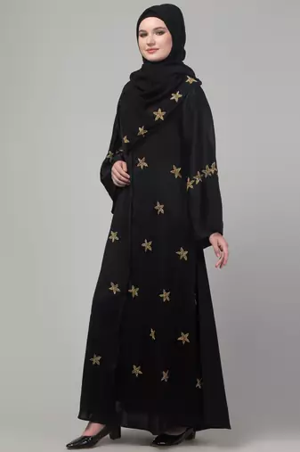 Black hand embroidered bell sleeves abaya with embroidered hijab