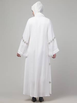White sequins hand embroidered abaya with embroidered hijab 2