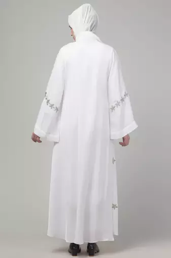 White sequins hand embroidered abaya with embroidered hijab