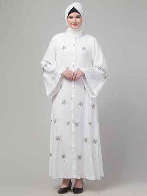 White sequins hand embroidered abaya with embroidered hijab 1