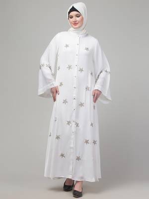 White sequins hand embroidered abaya with embroidered hijab 3