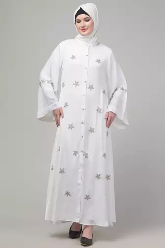 White sequins hand embroidered abaya with embroidered hijab
