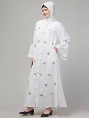 White sequins hand embroidered abaya with embroidered hijab 4