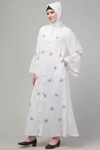 White sequins hand embroidered abaya with embroidered hijab