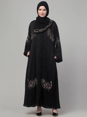 Black hand embroidered bell sleeves abaya with embroidered hijab 1