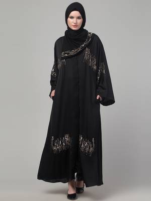 Black hand embroidered bell sleeves abaya with embroidered hijab 3