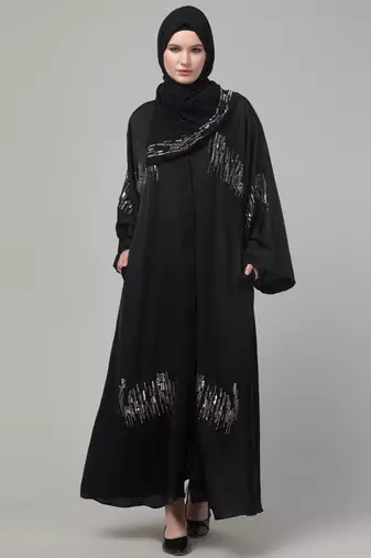 Black hand embroidered bell sleeves abaya with embroidered hijab