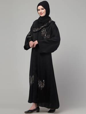 Black hand embroidered bell sleeves abaya with embroidered hijab 4