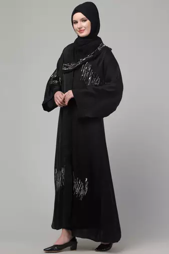 Black hand embroidered bell sleeves abaya with embroidered hijab