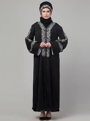 Black embroidery work reversable cuff abaya with embroidered  hijab 1