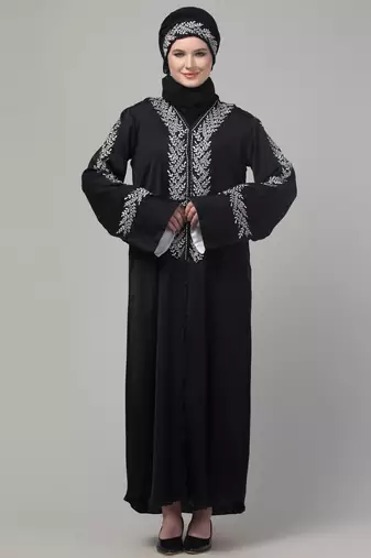 Black embroidery work reversable cuff abaya with embroidered  hijab