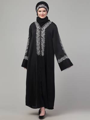 Black embroidery work reversable cuff abaya with embroidered  hijab 4