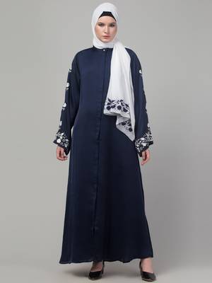 Navy thread embroidered sleeve abaya with contrast hijab 3