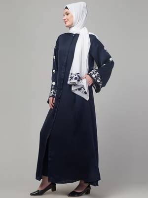 Navy thread embroidered sleeve abaya with contrast hijab 4