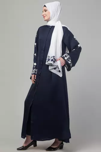 Navy thread embroidered sleeve abaya with contrast hijab