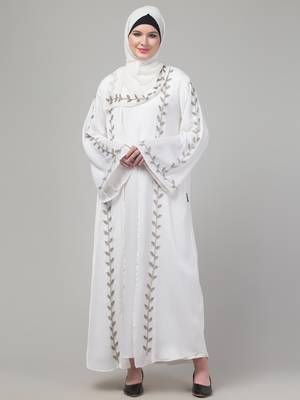 White hand embroidered bell sleeves abaya with hijab 1