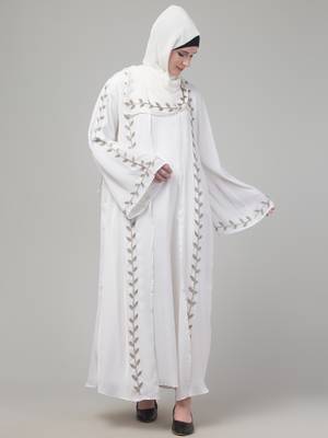 White hand embroidered bell sleeves abaya with hijab 2