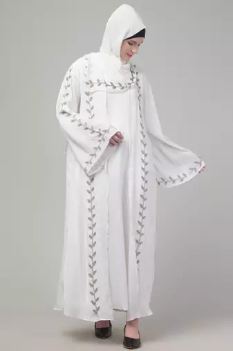 White hand embroidered bell sleeves abaya with hijab