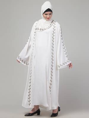 White hand embroidered bell sleeves abaya with hijab 3