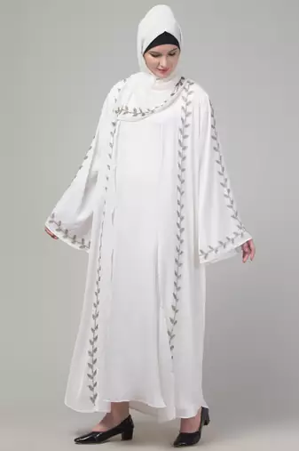 White hand embroidered bell sleeves abaya with hijab