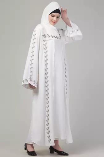 White hand embroidered bell sleeves abaya with hijab