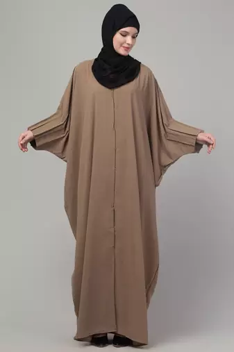 Beige pintucks cey fabric kaftan abaya with hijab
