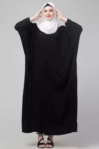 Black pintucks crinckled cey fabric kaftan abaya with hijab