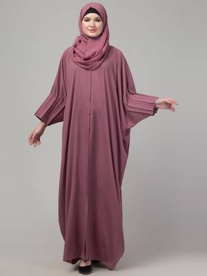 Mauve pintucks crinckled cey fabric kaftan abaya with hijab 3