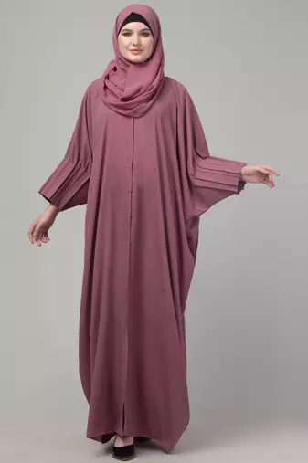 Mauve pintucks crinckled cey fabric kaftan abaya with hijab