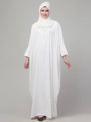 Simple White Front-Open Abaya Dress with Pleated Sleeves | Modest Daily Wear 1