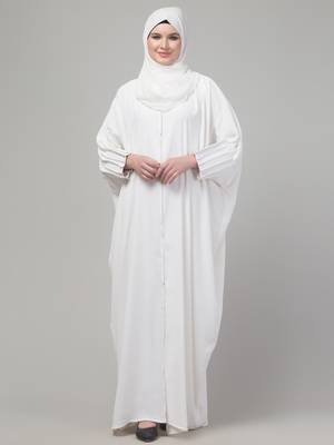 Simple White Front-Open Abaya Dress with Pleated Sleeves | Modest Daily Wear 3