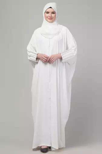 Simple White Front-Open Abaya Dress with Pleated Sleeves | Modest Daily Wear
