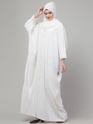Simple White Front-Open Abaya Dress with Pleated Sleeves | Modest Daily Wear 4