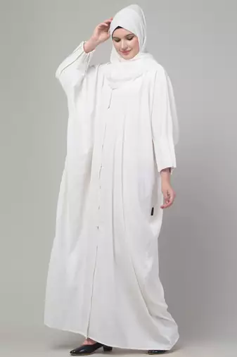 Simple White Front-Open Abaya Dress with Pleated Sleeves | Modest Daily Wear