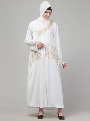 White hand embroidered  abaya with embroidered hijab 1