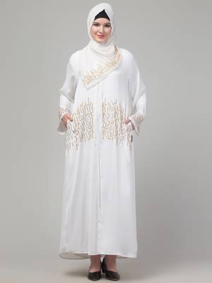 White hand embroidered  abaya with embroidered hijab 2