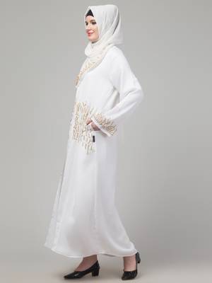 White hand embroidered  abaya with embroidered hijab 3