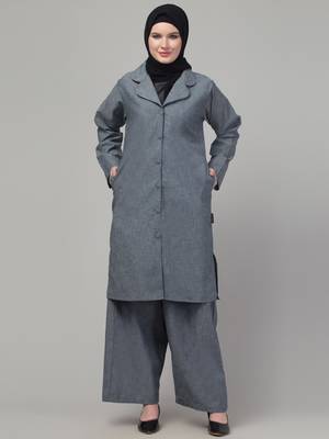 Grey plain cotton abaya cordset with hijab 1