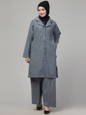 Grey plain cotton abaya cordset with hijab 3