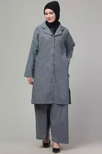 Grey plain cotton abaya cordset with hijab